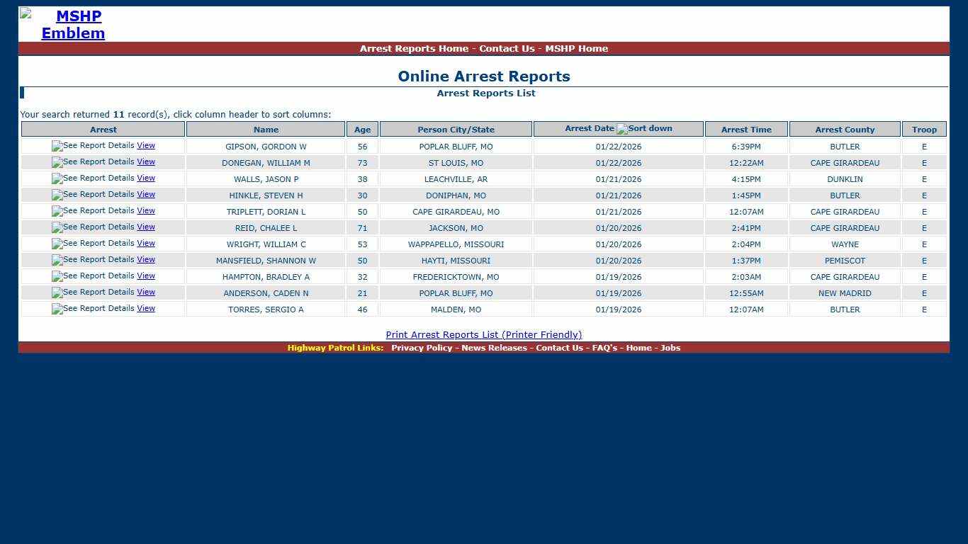 Missouri State Highway Patrol - Arrest Reports List